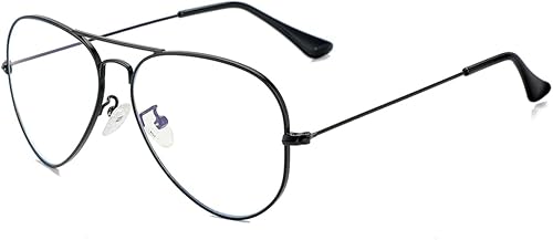 Lentes clásicos de aviador con luz azul para mujeres y hombres, lentes transparentes con marco de metal (color negro)