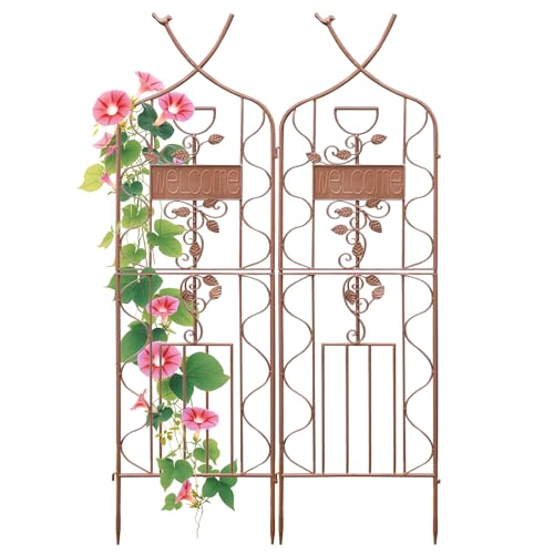 Image of LZRS 2 Pack 59.5 * 18in Rustic Iron Arch Decoration Garden Trellis with Metal Coating - Perfect for Supporting Climbing Plants Outdoor, Roses, Vines, Flowers, and Vegetables, Brown