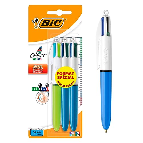 BIC 4 Couleurs Mini Stylos-Bille Rétractables Pointe Moyenne (1,0 mm) - Couleurs Classiques et Fantaisie Assorties, Blister Format Spécial de 3