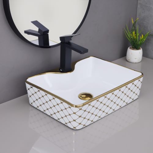 Image of HARDSTONE Black & Gold Ceramic Wash Basin | 19x15x5 Inches