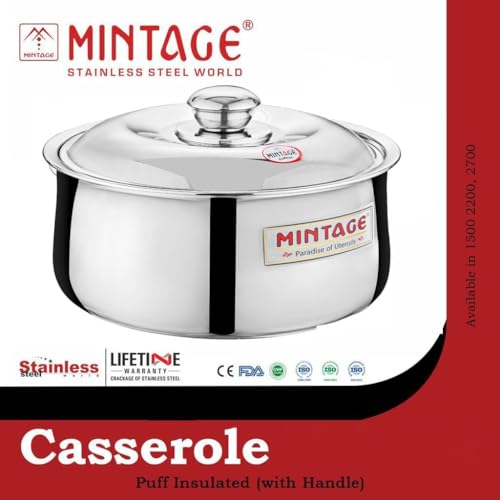 Image of Mintage Harmony Casserole with Lid 1000 Ml | Casserole for Roti Hot Case | Casserole Stainless Steel Hot Pot, Food Grade | Casserole Rice-Gravy-Curry, Silver Hot Box with Steel Lid