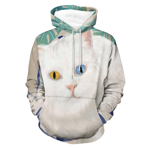 Hoodie Chat Blanc Unisexe UMENG | Sweat À Capuche Manche Longue Pull Homme Femme Taille S