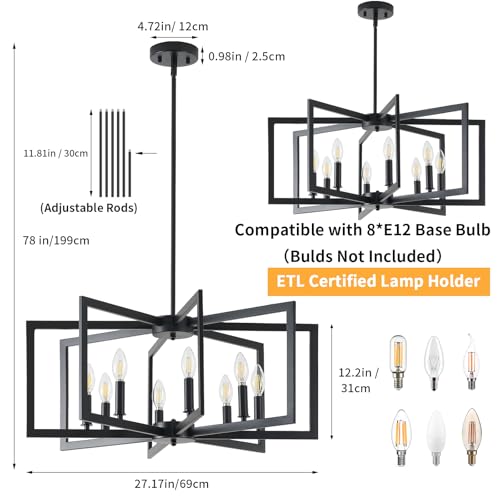Black Chandelier for Dining Room, 8-Light Kitchen Chandelier Light Fixture Modern Metal Industrial Large Chandeliers for Farmhouse Entryway Living Room (E12 Bulbs Not Included)