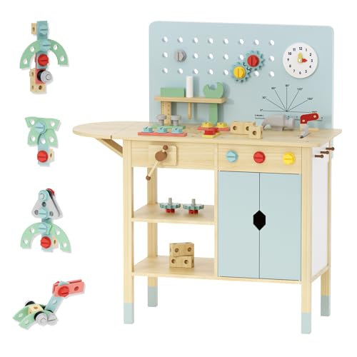 Large Wooden Workbench for Kids with Upgrade Extension Panel - Pretend Play Tool Set/Realistic Accessories, Extra Workspace & Sturdy Design for Little Builders