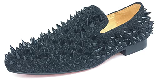 Justar Men's Leather Spikes Loafers Studded Dress Shoes Slip-on Flats Long Rivet Party Shoes
