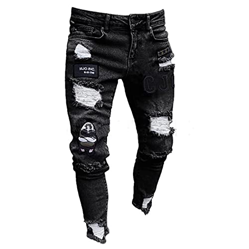 WFEI Men Stretchy Ripped Pants Biker Embroidery Print Jeans Destroyed Hole Taped Slim Fit Denim Scratched Jean