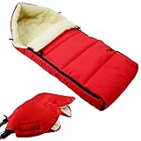 BAMBINIWELT KOMBI-ANGEBOT Muff + Winterfußsack 108cm - aus Lammwolle für Kinderwagen, Buggy, Radanhänger - WOLLE - LINIERT (rot)