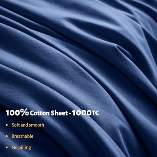 Shilucheng 100% Egyptian Cotton Queen Size Sheets Set - 1000 Thread Count,Luxury Cotton Bed Sheets,Breathable & Cooling Bedding and Pillow Cases, 16 Inch Deep Pocket - 4 Piece (Navy Blue, Queen)