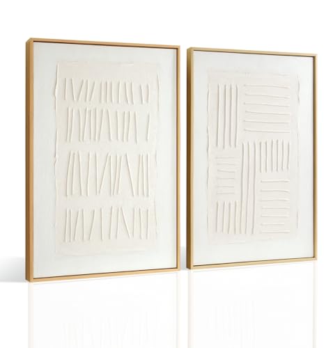 InSimSea Framed 3D Textured Wall Art, Handmade, Minimalist Abstract Wall Decor for Living Room, 2 Piece Modern White Neutral Artwork, 16x24 in, Large Zen Line Paintings for Office Hallway (balance)