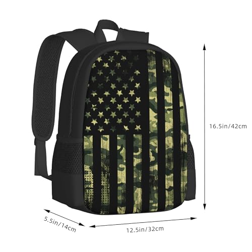 Green Camo Backpacks with American Flag Style for Kids Boys Girls for School Travel, Custom Book bags with Name/Text for Teens Adults Women Men, Personalized Daypack Travel Rucksack Laptop Bag2