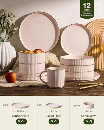 Image of Famiware Plates and Bowls Set with Rim, Stoneware Dinnerware Sets for 4 | 12-Piece Ceramic Dishes, Lipped Edges, Chip & Scratch Resistant, Microwave & Dishwasher Safe, Everyday Formal Use, Light Pink