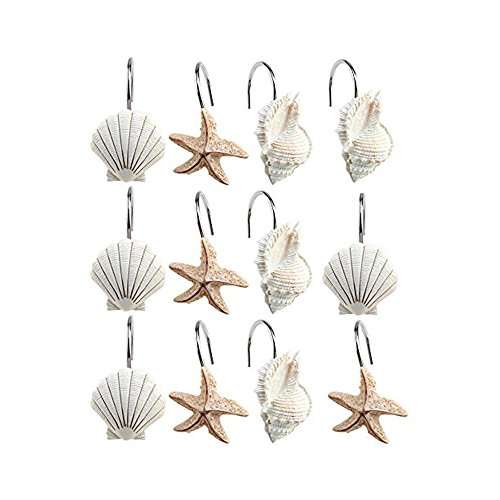 Image 12 Pcs Blue Green Llight Brown 3 Colors Beautiful Anti Rust Alloy Durable Seashell Shower Curtain Hooks Hangers Best Bathroom Decor (Light Brown)