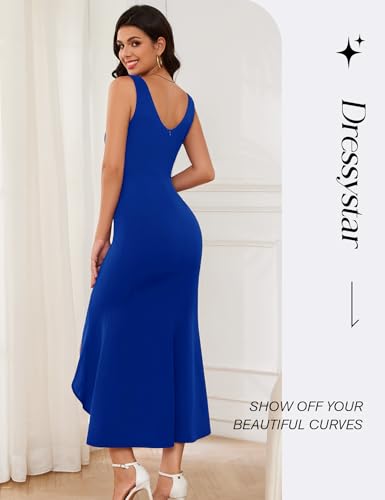 Image of Dressystar 2026 Women's Square Neck Bodycon Sleeveless Cocktail Dresses | wedding guest dresses for women, midi length, formal party dress, soft breathable stretchy material, slit ruffle hem design