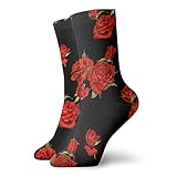 Comfort Fit Crew Dress Socks for Work, Soccer - Red Rose Flower Black Compression Socks Novelty Socks for Boys Girls, Trekking, Athletic Running Socks No Show Socks