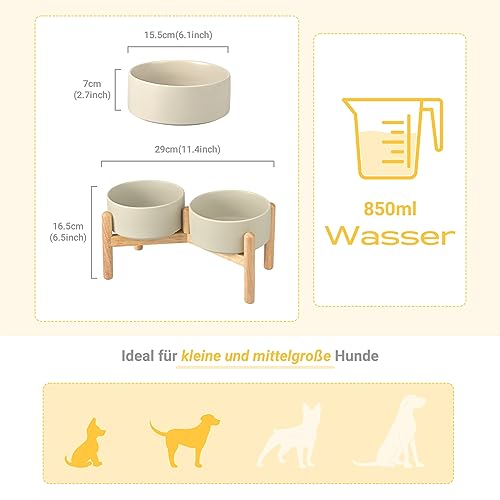 SPUNKYJUNKY Hundenapf Keramik Fressnapf Erhöhter Futternapf Wassernapf mit Bambus Ständer für mittelgroße und große Hunde (850ml, Grau)