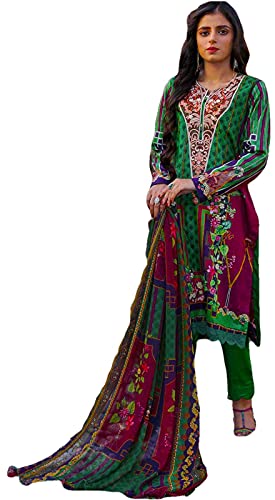 IshDeena Pakistani Lawn Salwar Kameez Indian Dresses for Women Ready to Wear Embroidered (M, Green)