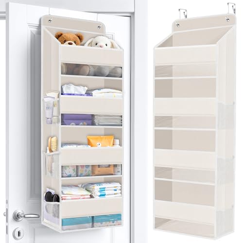 Image of WISELIFE Over The Door Organizer Storage with 4 Large Pockets Door Hanging Organizer with Clear Windows behind The Door Storage for Nursery Bedroom Bathroom Pantry Closet and Baby Essentials Beige