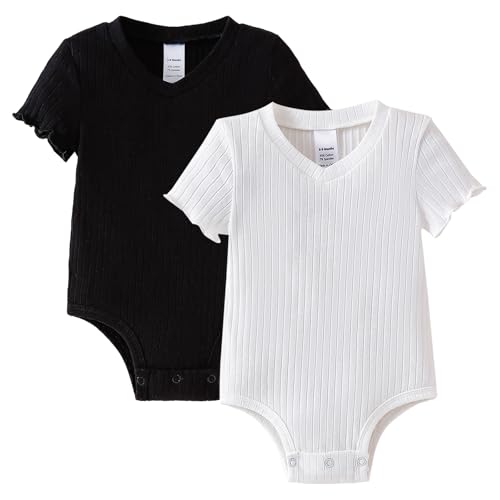 ROMPERINBOX Baby Girl Bodysuit 2 Pack V Neck Ruffle Short Sleeve Ribbed Onsies Summer Baby Girls Clothes (Black/White 0-3 Months)