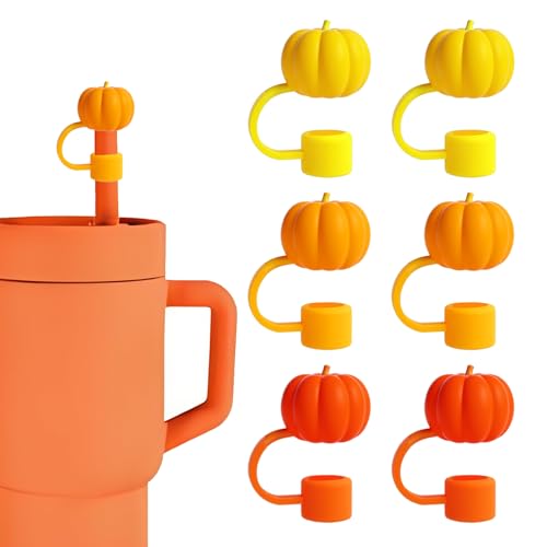 6pcs Fall Pumpkin Straw Cover Caps Compatible with Stanley 30&40 oz Tumbler Cups Reusable Cute Silicone Straw Tips Lids Protectors for 0.4 in/10mm Stanley Cups Straws Accessories - Yellow Orange Red
