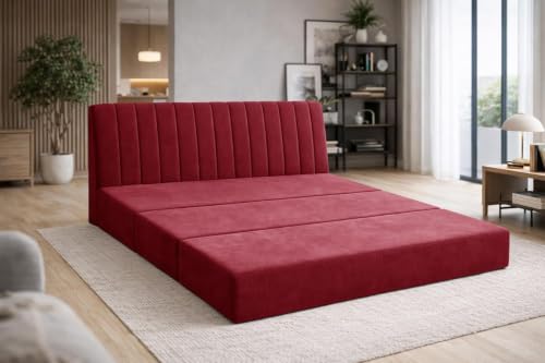 Image of Deco Studio Three Seater Convertible Floor Sofa Bed Modern Velvet Fabric Folding Couch for Living Room, Guest Room & Small Spaces - Red Color