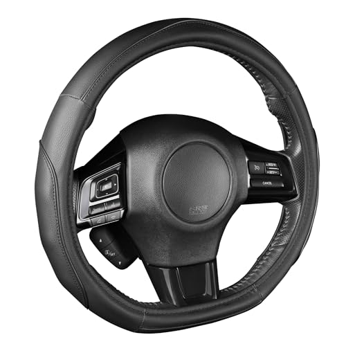 Image of Motor Trend Stealth D-Shaped Steering Wheel Cover - Premium Flat Bottom Car Steering Wheel Cover, Black Faux Leather Sterring Wheel Cover, Standard 15 inch