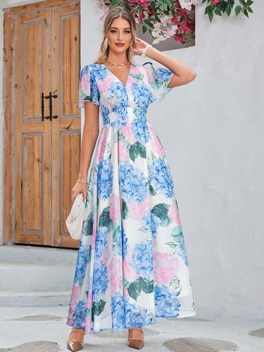 Image of Simplee Women's Boho Floral Maxi Dress Flowy Casual V Neck Short Sleeve Wedding Guest Holiday Beach Long Dress