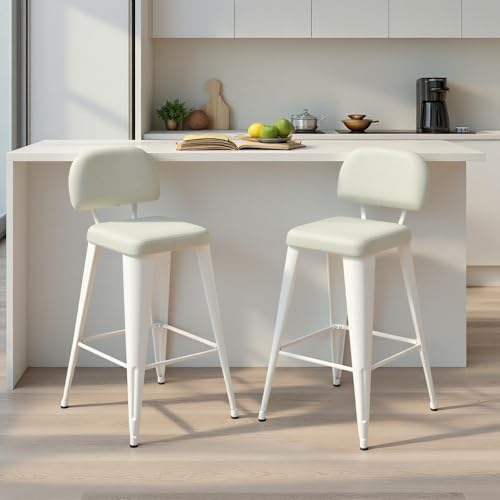 Image of 24 Inch Metal Bar stools Set of 2, Upholstered Bar Stools with Removable Back & Metal Legs, Industrial Barstools for Kitchen Island, Cafe (Beige Seat, White Legs)