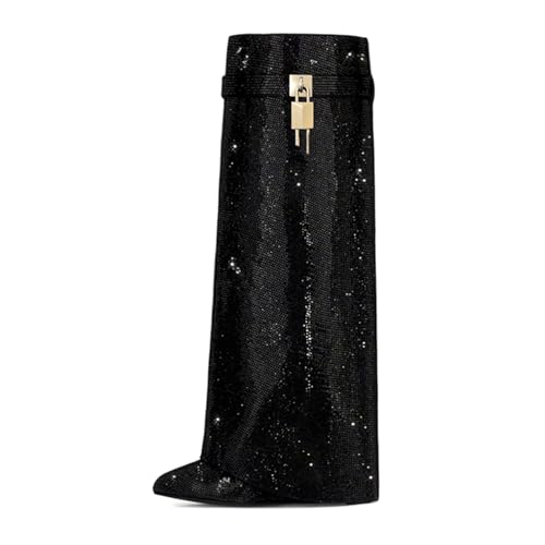 CAGLGLZ Womens Boots Knee High Boots Women Pointed Folding Wedge Heel Boots for Women Glitter Rhinestone Boots Padlock Pointed Toe Pull-On High Boots(8.5,Black)