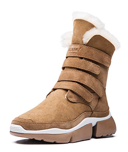 AUMU Classic Retro Hook and Loop Suede Sheepskin Elevator Hiden Heel Winter Snow Boots