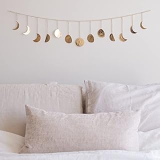Moon Phases Wall Hanging, Handmade Hammered Gold 36"/91cm 13 Moons Metal Garland Celestial Lunar Phase Cycle Art Shining Hang Ornaments Boho Style Aesthetic Living Room Home Christmas Wall Decorations