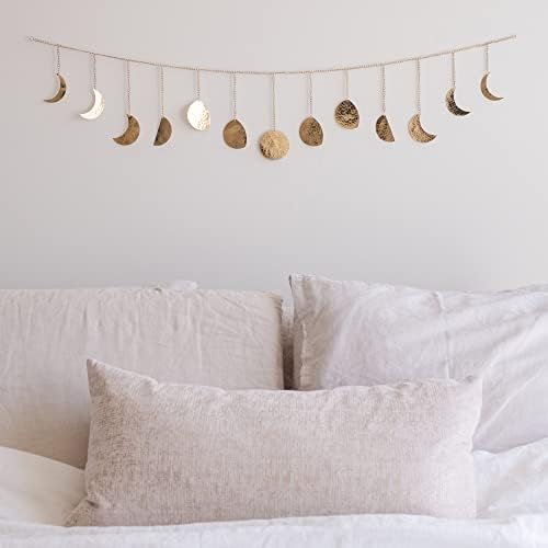 BASE ROOTS Moon Phase Wall Decor, Celestial Décor, Moon Décor & Boho Wall Décor, Gold Wall Art for Bedroom & Living Room, Bohemian Wall Decor, Handmade Hammered Metal 36" 13 Phases Moon Wall Decor, Gift for Women & Kids