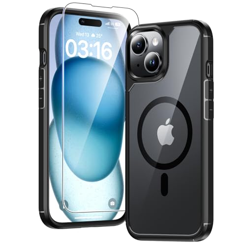 Image of TAURI for iPhone 15 Case, Compatible with MagSafe, Black | with Screen Protector, Not-Yellowing Military-Grade Protection, Shockproof Slim Magnetic Case for iPhone 15