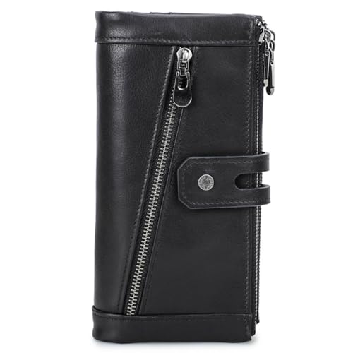 Women’s RFID Blocking Leather Wallet Trifold Clutch with Zipper Snap Button, 18 Card Slots, Phone Compartment, Coin Pocket Durable Organizer (Black)