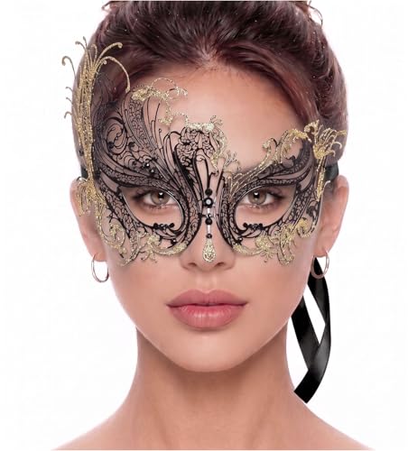 Image of Metal Filigree Masquerade Mask for Women - Swan Style Mask with Rhinestones for Mardi Gras, Prom, Halloween & Venetian Party