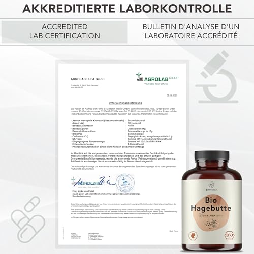 BIONUTRA© Bio Hagebutten Kapseln, 270 Stück à 650 mg hochdosiert, vegan & ohne Zusätze, Rückstandskontrolliert, Deutsche Herstellung aus Hagebutten Bio Pulver