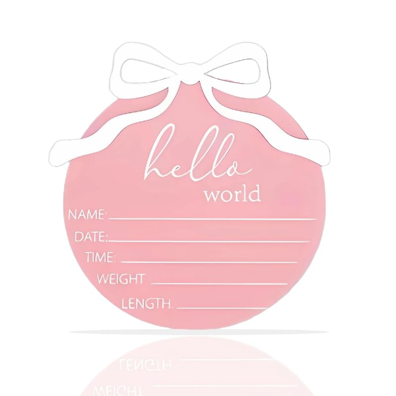 Hello World Newborn Sign for Girl, Acrylic Pink Bow Baby Birth Announcement Sign, Newborn Babe Name Sign for Hospital