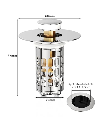 Image of QYHNYJF Upgraded Bathroom Sink Stopper - Universal Pop-Up Drain Plug with Anti-Clog Hair Catcher, Durable Stainless Steel & Silicone Seal, Fits Standard 1.1-1.5 Inch Sink Drains, Silver