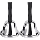 MROCO Loud Hand Bell, 2 Pack Silver Steel Hand Bells for Adults, Dinner Bells for Inside Classroom Bell, for Food Line, Alarm, Jingles, Ringing