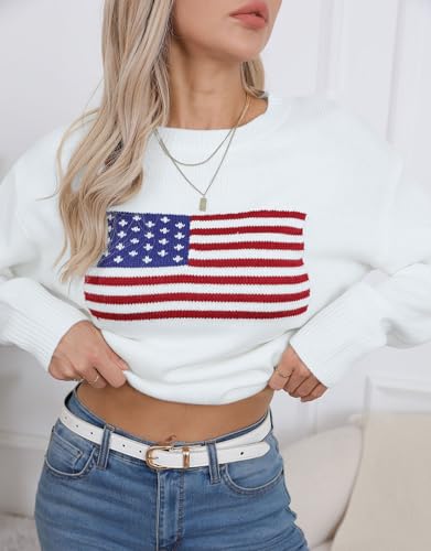 Image of Womens American Flag Sweater Crew Neck Casual Pullover Sweater