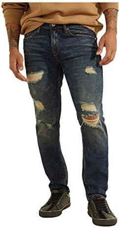 GUESS Men's Mid Rise Slim Fit Tapered Leg Ripped Jean, Crescent Dark Wash, 30W X 32L