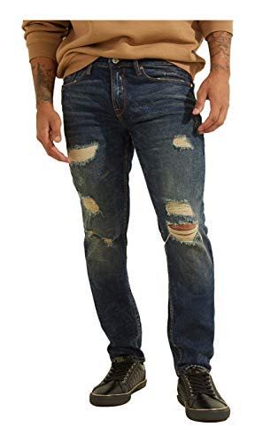 Guess Men's Mid Rise Slim Fit Tapered Leg Ripped Jean, Crescent Dark Wash, 30W X 32L #TOP2