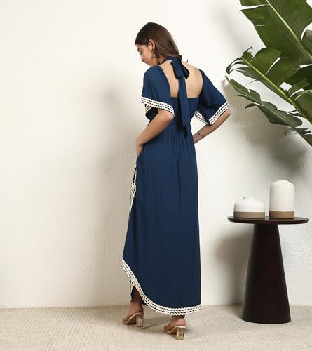 Image of DEEBACO Women's Solid Rayon Slit Ankle Length A-Line Dress|Sleeveless|Halter Neck|Casual Trending Fashion Long One Piece Dresses Women Western