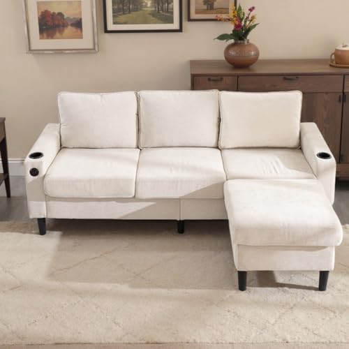 Canapé-lit 3 Places en L Lin, avec Ports USB/Type-C, Porte-gobele...