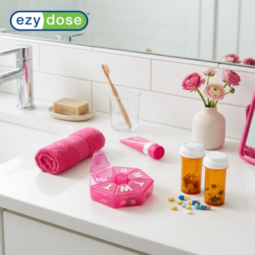 Image of Ezy Dose Weekly (7-Day) Pill Organizer, 7-Sided Medicine Planner, Pink | Compact Daily Round Vitamin & Supplement Medicine Case, Convenient and Easy to Use, Travel-Friendly Container, BPA-Free