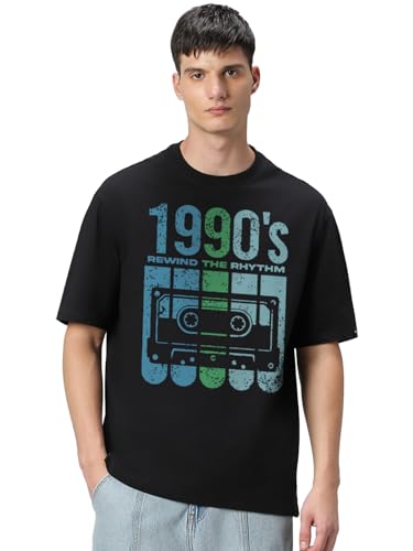Image of Bewakoof Men's Cotton Graphic Print Oversized Fit Half Sleeve Round Neck T-Shirt | Casual Wear | Street Wear | Oversized t Shirt for Men Cotton | Baggy
