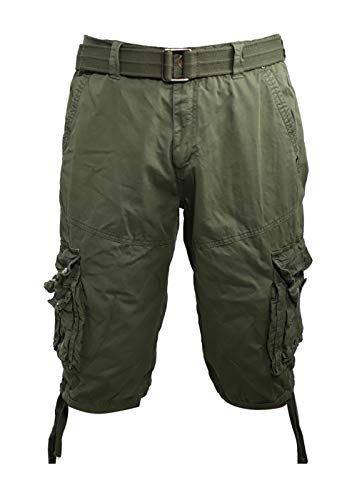 LeeHanTon Cargo Shorts for Men Belt Waist Cotton Regular Fit Multi Pockets Big & Tall Size Twill Shorts (Olive 42)