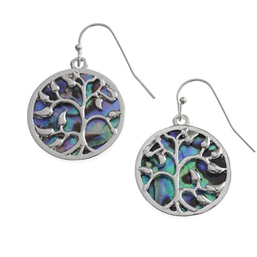 Preisvergleich Produktbild Kiara Jewellery Keltischer Lebensbaum-Ohrringe, beidseitig eingelegt, mit blau-grüner Paua-Abalone-Muschel, anlaufgeschützt, hypoallergen, rhodiniert