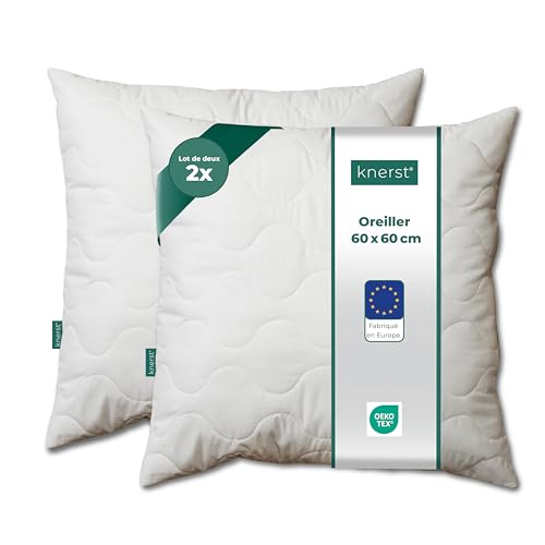 KNERST® Oreiller 60x60 Lot de 2 - Coussin Confortable pour Dormir - Coussin de canapé - Oreiller Ferme adaptés aux Personnes allergiques - Lavable à 95°C pour Une hygiène maximale - Pillow