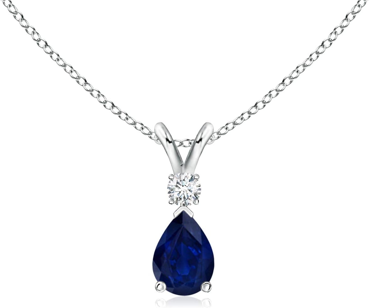 Mother's Day Offer - Pear Blue Sapphire Teardrop Pendant Necklace for Women with Diamond in 14K White Gold (6x4mm Blue Sapphire)