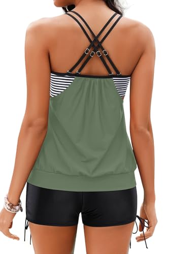 Image of Holipick Tankini Swimsuits Two Piece Tummy Control Bathing Suits Blouson Swim Tank Top with Boy Shorts